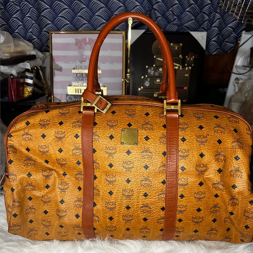 MCM Large Visetos Duffle Bag with Luggage Tag and Piognet